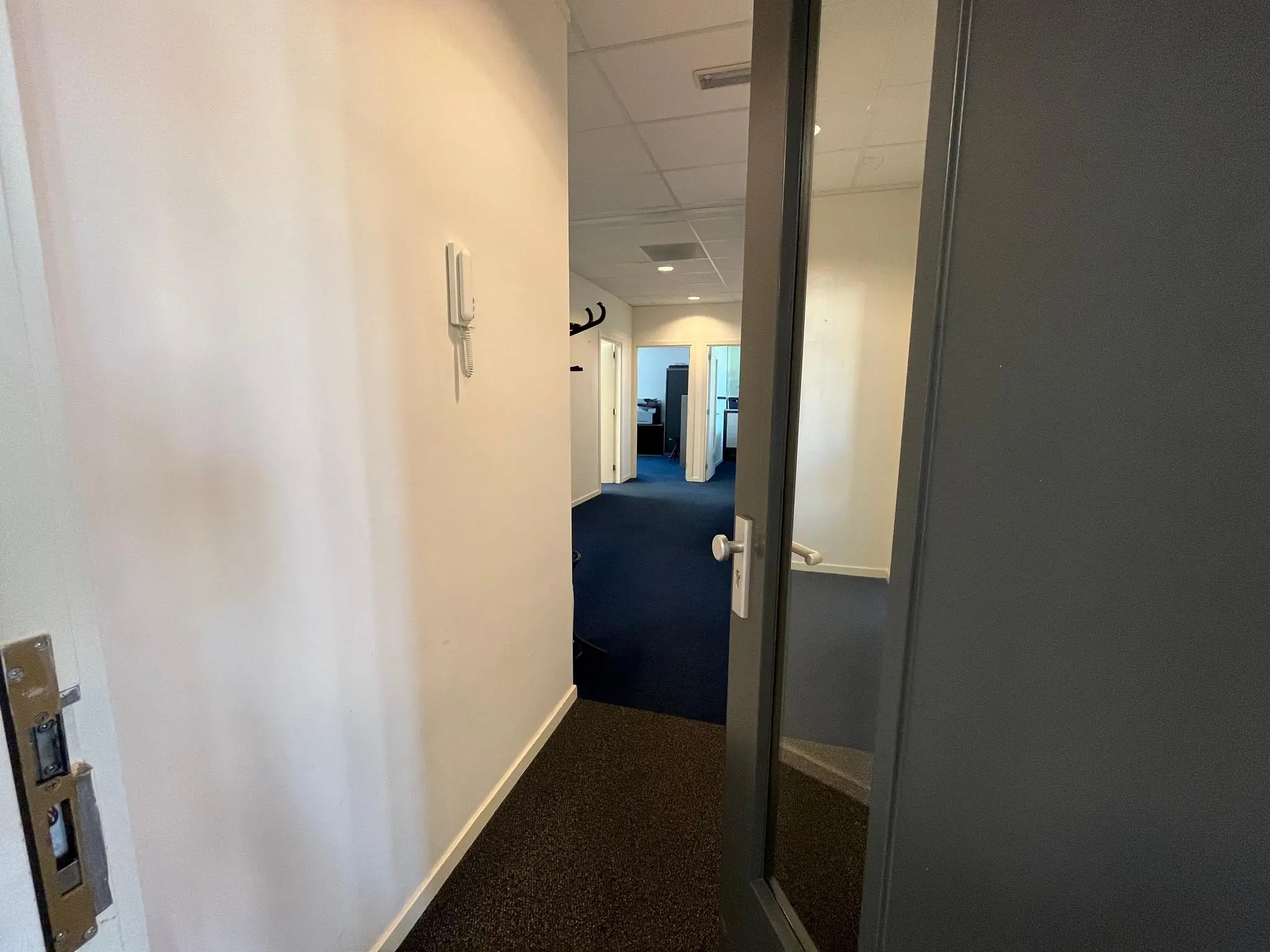 Ingang van een kantoorruimte aan de Jan van Eycklaan met een open deur en zicht op een gang met blauwe vloerbedekking.